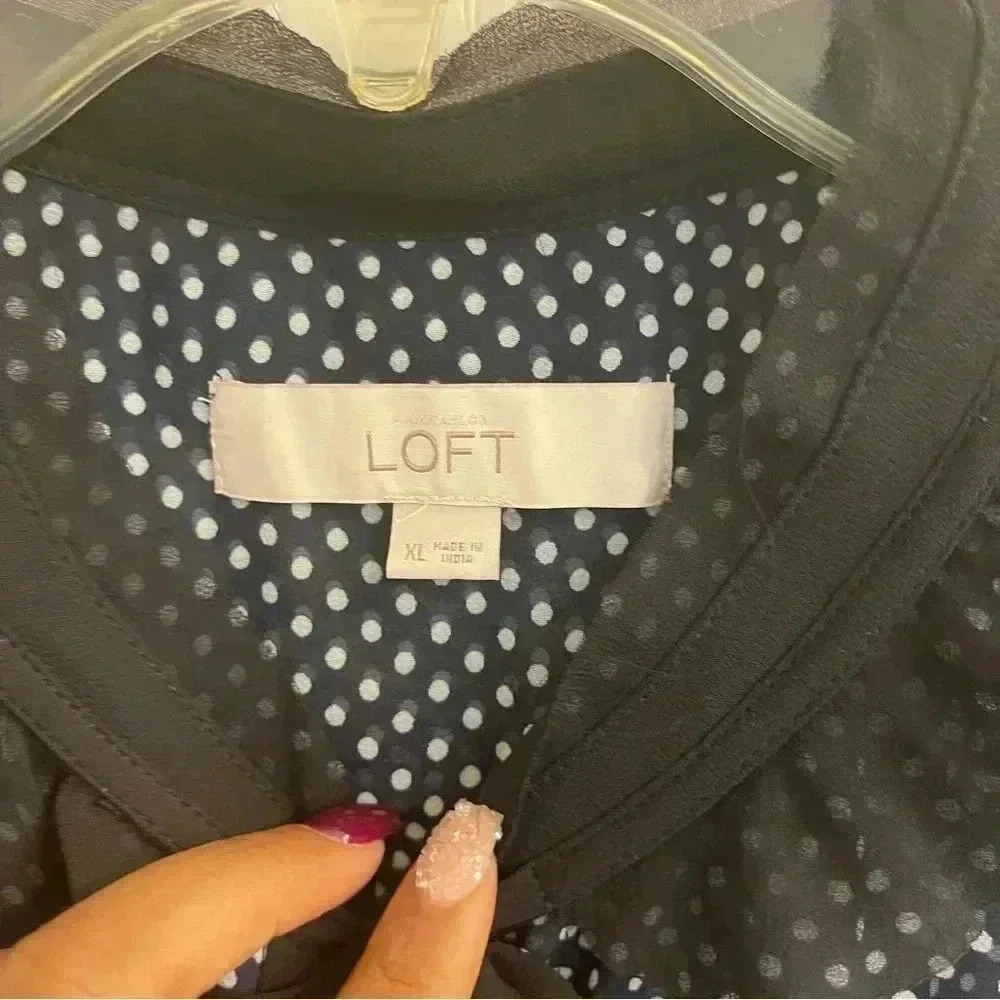 Sheer Button Down Polka Dot Blouse with Bow (Navy Blue, Black and White) - Picture 8 of 10